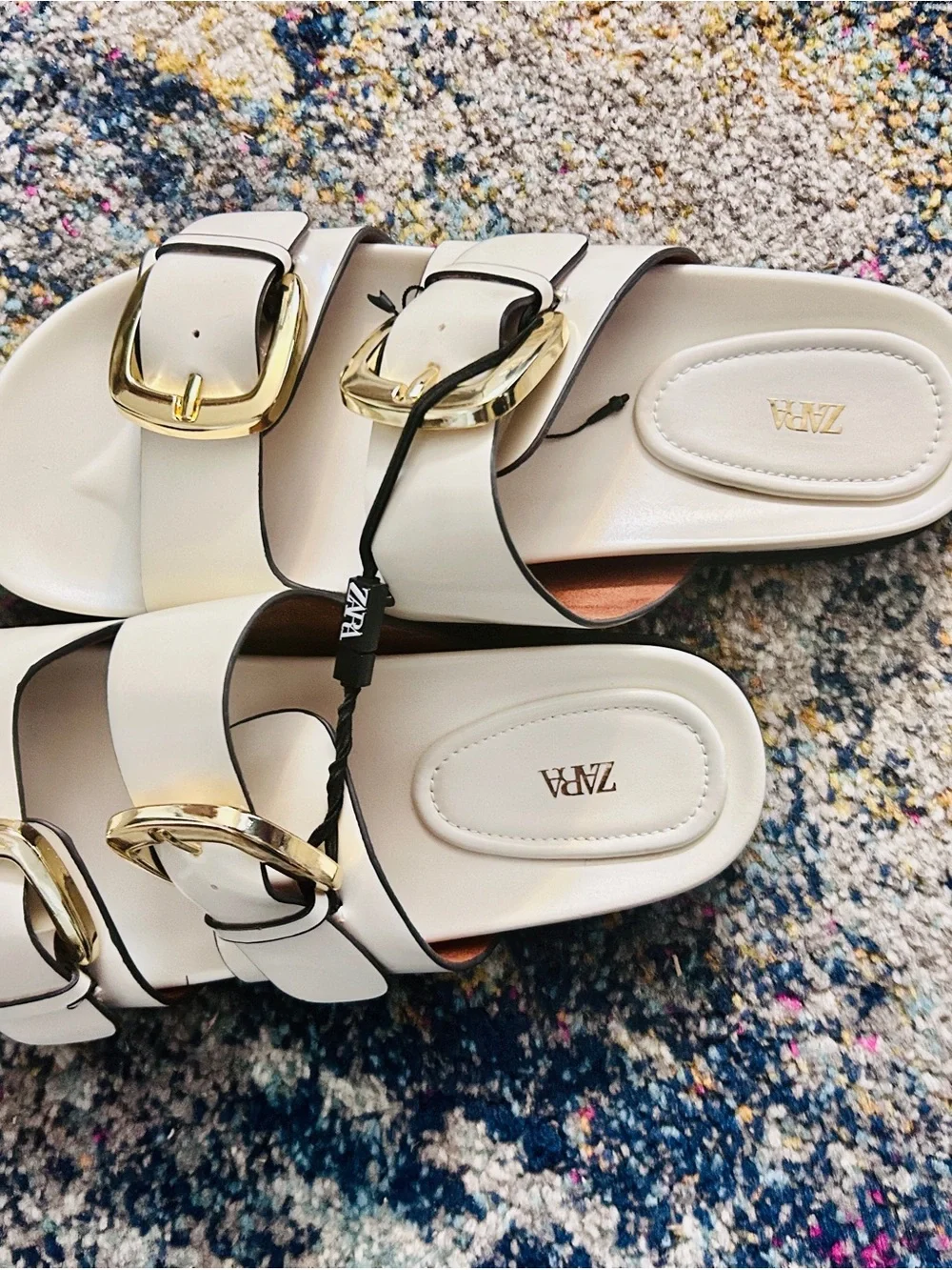 Zara White Double-Strap Slide Sandals with Gold Buckles - Picture 4 of 5